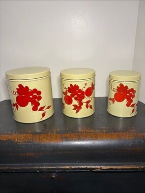 Vintage MCM 1950’s Decoware Kitchen Canisters with Red Fruit